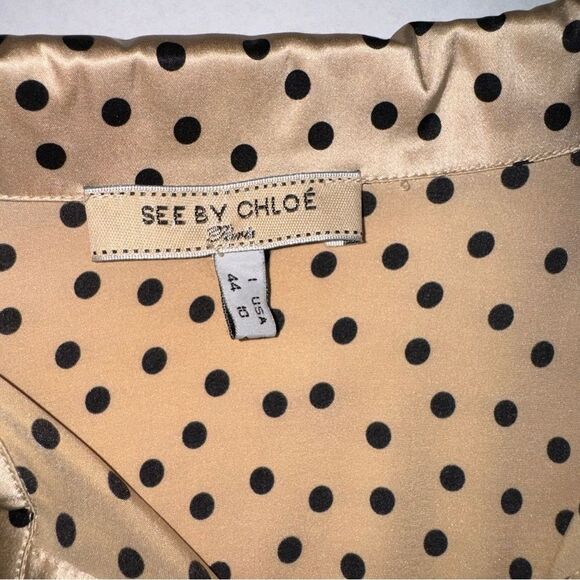 See By Chloe Paris tan with black polka dots long sleeve button Top size USA 10 - Picture 3 of 8
